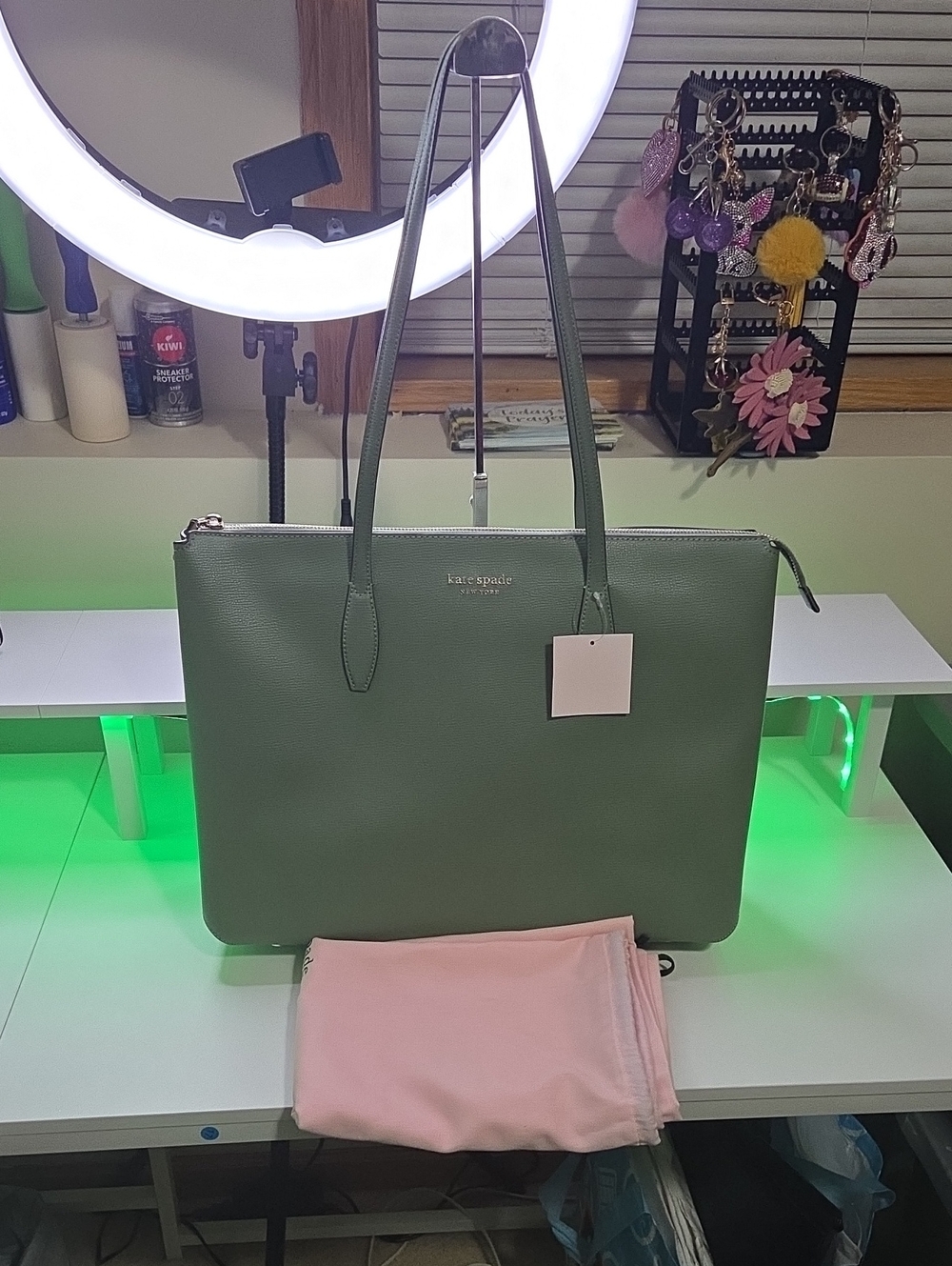kate spade Aldy Lg Zip Olive Green Leather Tote with Dual Straps